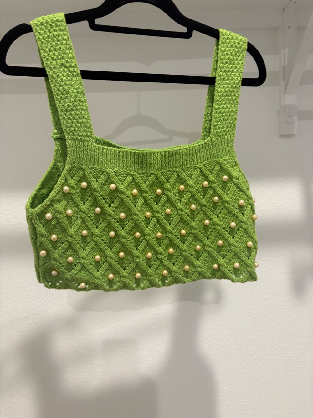 Pearl-Embellished Green Knit Crop Tank